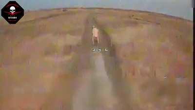 Footage of Russian soldiers on motorcycles getting chased and hit by Ukrainian FPV pilots of the 72nd Mechanized Brigade.