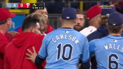 Benches clear after the Tampa Bay Rays pitcher Uceta throws at and hits Nick Castellanos after giving up 5 runs in the 8th inning.