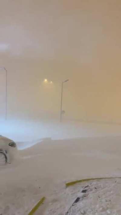 Blizzard in Istanbul tonight. The gas station is buried in snow.