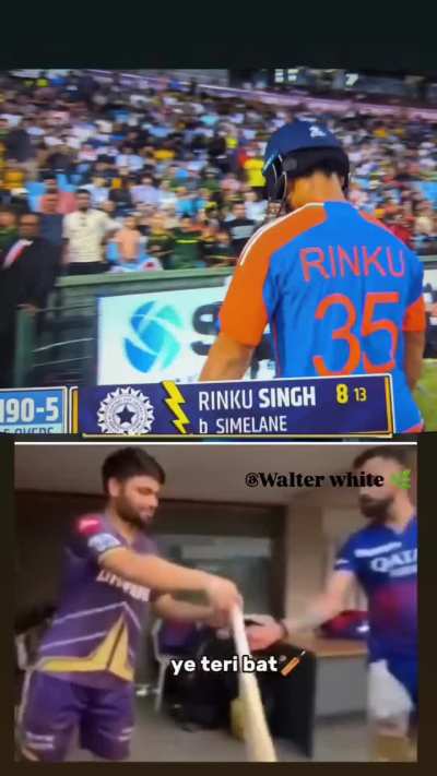 Rinku politely returning the bat given by Kohli. 