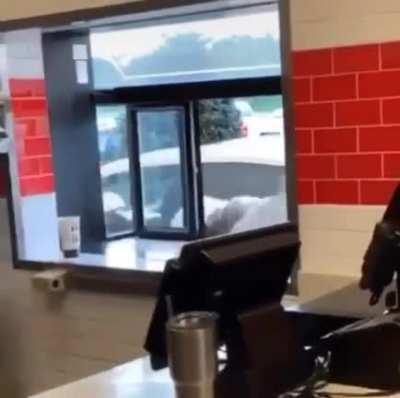 WCGW climbing out the drive thru window