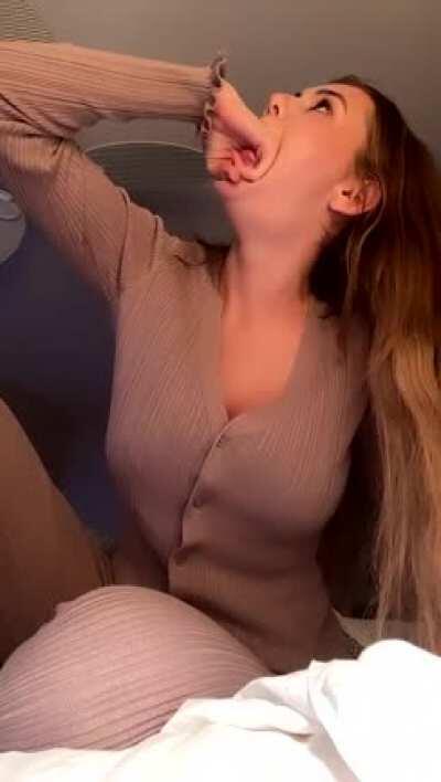 Accidentally didn't post the full video but she posted this on her Twitter testing her gag reflexes. At this point she should just deepthroat dildos on her only fans.