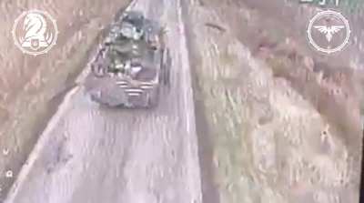 Ukrainian kamikaze drone destroys a Russian BMP-3 by Zelenyi Shlyakh, Kursk Oblast. October 2024 (at 51.3076, 35.0867)