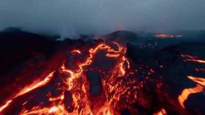 Drone footage through erupting volcano in Iceland