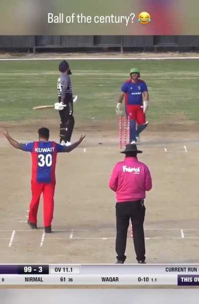 Kuwait bowler Muhammad Waqar Anjum with an unusual bowling action, bowls an unplayable delivery, leaving the batsman stunned at the crease. 