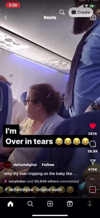 Man cries over about baby on an airplane.