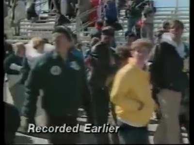 spectators reacting to the 1986 NASA Challenger space shuttle explosion in real time