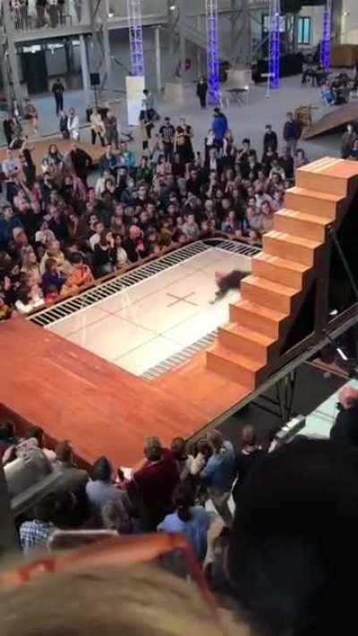 Yoann Bourgeois falling onto a trampoline and then landing back on the stairs