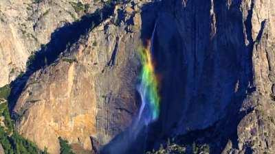 Very high winds at the perfect time of day, 9am, and unusual heavy water for November, these special circumstances created a previously undocumented 2,400 foot rainbow waterfall in Yosemite National Park