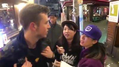 The lady wearing Black was being followed by a creep, she noticed a Twitch streamer and pretended to be his friend, his reaction is quick!