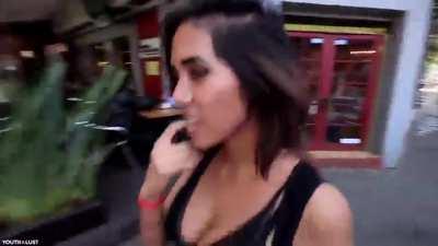 Walking the streets with a load of cum on her face