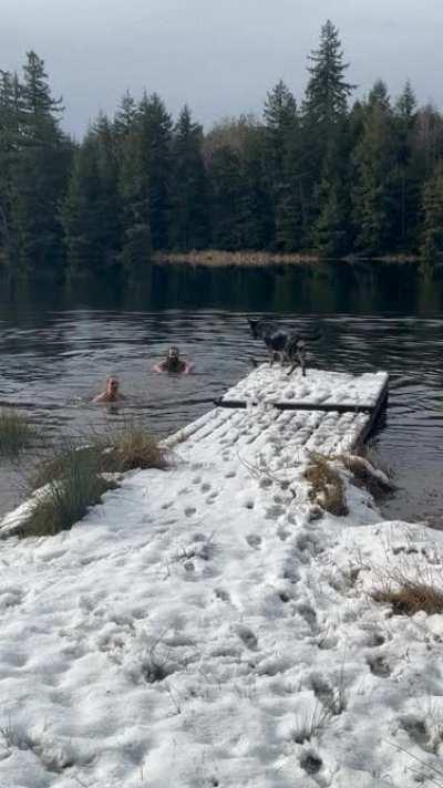 Birthday suit cold plunge in the lake!