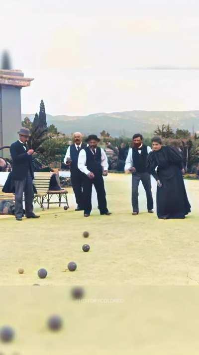 Restored footage from 1896 showing family and friends of the Lumiére brothers playing a game of Boules at the Lumiére house in La Ciotat, France. 