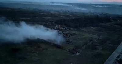 Ukrainian tank using its 125mm cannon against positions occupied by Russian troops. Kurdyumivka, Donetsk region. March 2024