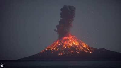 this footage from 25th October 2018 showing Krakatau volcano erupting spectacularly in Indonesia.