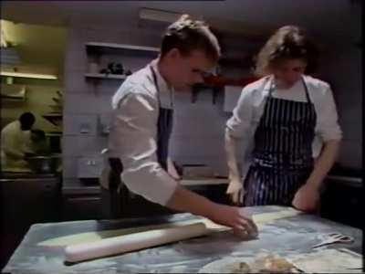 Chef Marco Pierre White making lobster ravioli with his protégé Gordon Ramsay (1989)