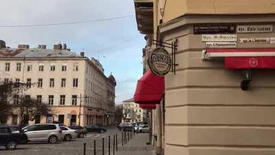 Loudspeakers urge people to seek shelter while sirens wail in Lviv, Ukraine