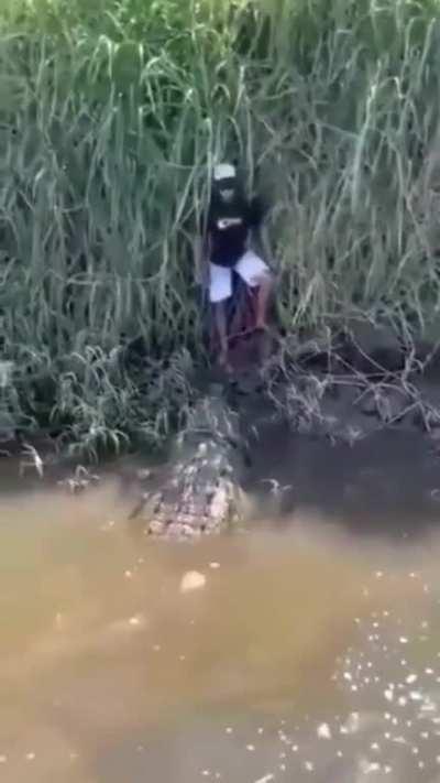 Caiman has a kid cornered and at its complete mercy. Extremely lucky the boat turned up. I would have shat my entire intestinal system out!