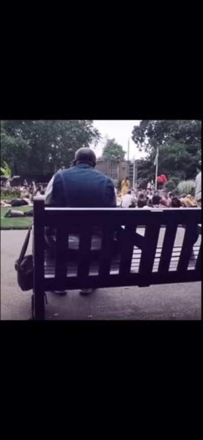 Old man sitting in park singing Bon Jovi - living on a prayer