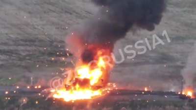 Repeated detonations of ammunition after UAF IFV was hit by fiber optic drone in Sudzhansky District of Kursk Region