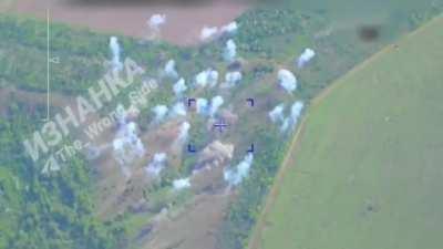 Ukranian UAV crew discovered by russian surveilance drone is hit by a cluster munition attack in kharkov region, possible the launchers managed to evac before missile hit. (music from source)