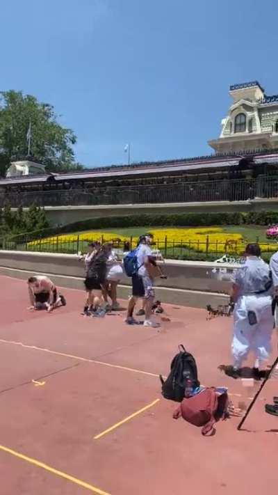 Two families fighting over who gets to take a picture in front of the Disney garden first