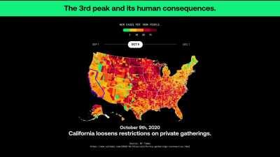 [OC] As the pandemic stretches into its 9th month, people’s attitudes toward COVID have relaxed. We animated real-time, COVID data to visualize the latest COVID’s surge spread through the U.S. from September 2020.