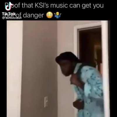 Caption says,”Proof that KSI’s music can get you out of danger.”