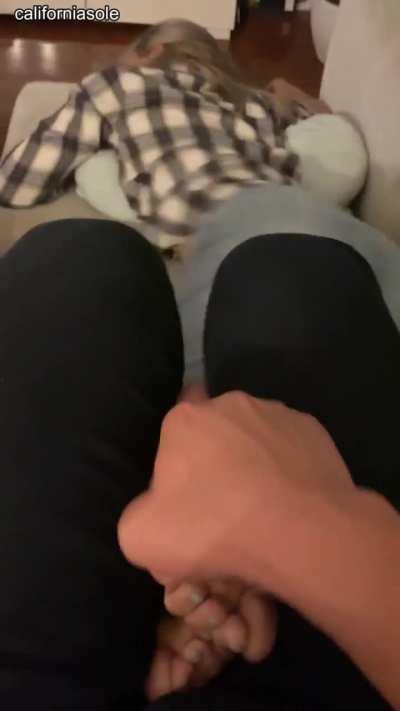 Gf surprised with a tickle attack on her soft soles during movie night