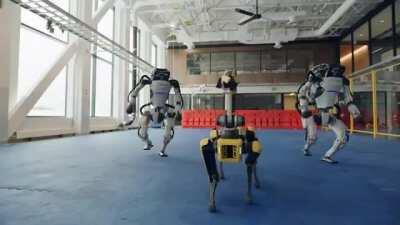 Boston Dynamics robots perform for Do you love me song.