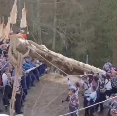 Occurring every six years, the Onbashira Festival in Japan where men haul logs up steep hills using ropes, then ride down to the shrine while trying to hold on.