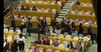 Diplomatic delegations jeer and leave the United Nations Hall as Israeli Prime Minister Netanyahu begins his speech