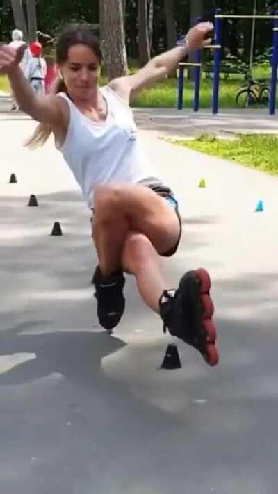 Balancing on one skate wheel backwards