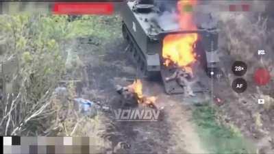 68th Army Corps FPV strike directly into the landing compartment of a Ukrainian M113, Crew members burned (NSFL)