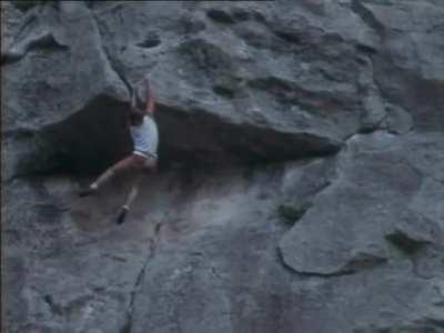 Patrick Edlinger was a professional French solo free climber in the 1980s. He was climbing without a security rope, just shoes and hands.