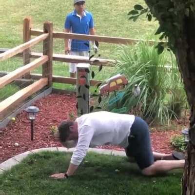 This Dad pranked by pretending to get hit by the golf ball.