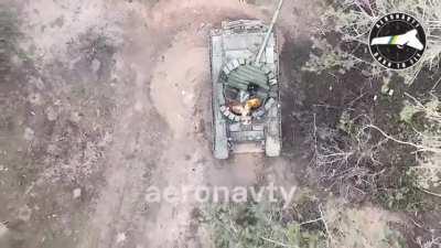 Ukrainian &quot;Aeronauty&quot;-Group ignites a russian T-72B3M obr.2023 with a dropped grenade, Ukraine, late March 2024