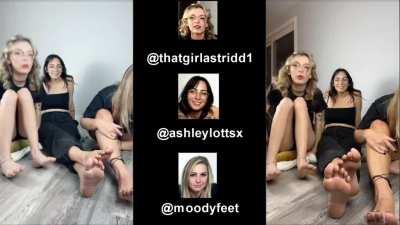 Side by side of three girls showing their feet on each of their TikTok lives.