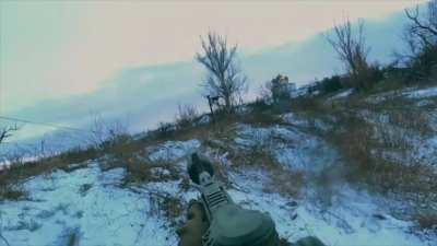 Ukrainian FPV drone attacking a Russian position in dive bombing mode.  Recorded by Russian soldier in Donetsk region.  (February 2024)