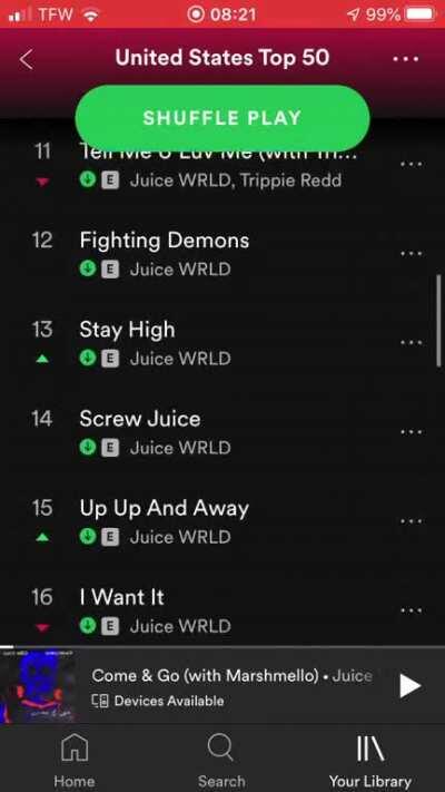 Bruh look at the Spotify US Top 50, Juice took it over 999 #LLJW🕊