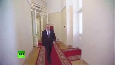 Russian President Vladimir Putin leaving his office desk in Kremlin to reach his car. The distance covered is almost half km. The spectacular view of the interior of the Kremlin is a must-see.