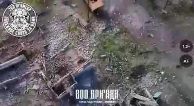 Two Ukrainian soldiers, hiding under burnt MT-LB, are smoked out by a drone dropped grenade. One abandons his wounded squad member and takes further cover.