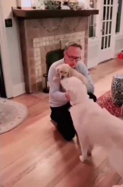 He was so excited to see his new best friend. He even brought him a toy.