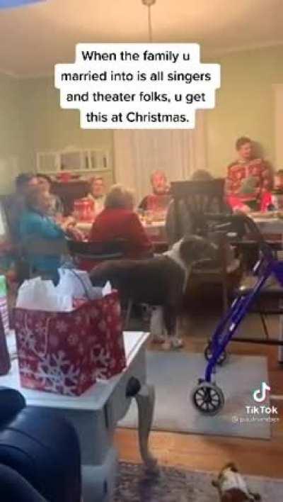 Whole family harmonizing at Christmas