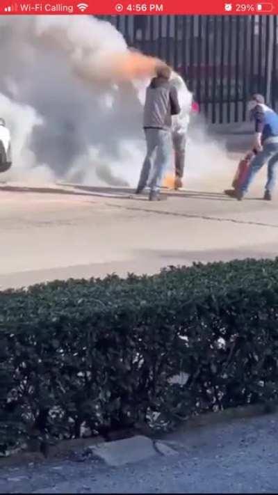 A teacher in Italy for a demonstration I believe. Can anyone tell what he’s been doused in?