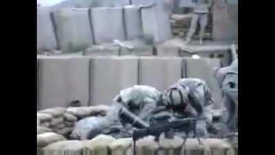 In Iraq, A United States mortar team nearly kills themselves when the Mortars stand collapses. (Mid Iraq War)