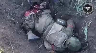 Ukrainian fpv drone destroys legs of an Russian soldier (avdiivka region )