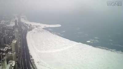 The ice breaking up on Lake Michigan after the winter freeze