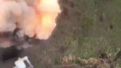 Ukrainian drone operator dropped a grenade on AT mines close to an abandoned Russian tank, resulting in a huge explosion and the total destruction of the enemy vehicle.