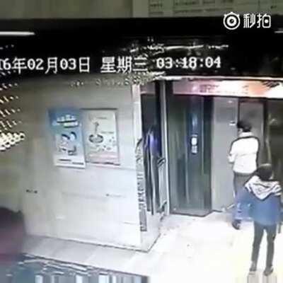 Kicking down an elevator door